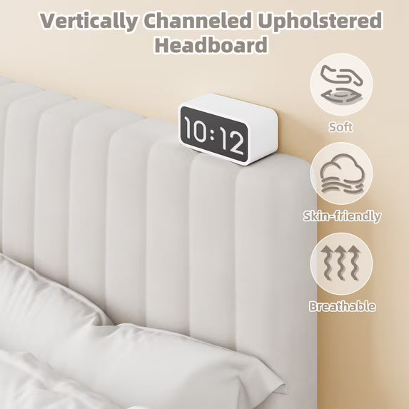 Frostbloom Queen Size Platform Bed Frame with Velvet Upholstered Headboard, Off-white