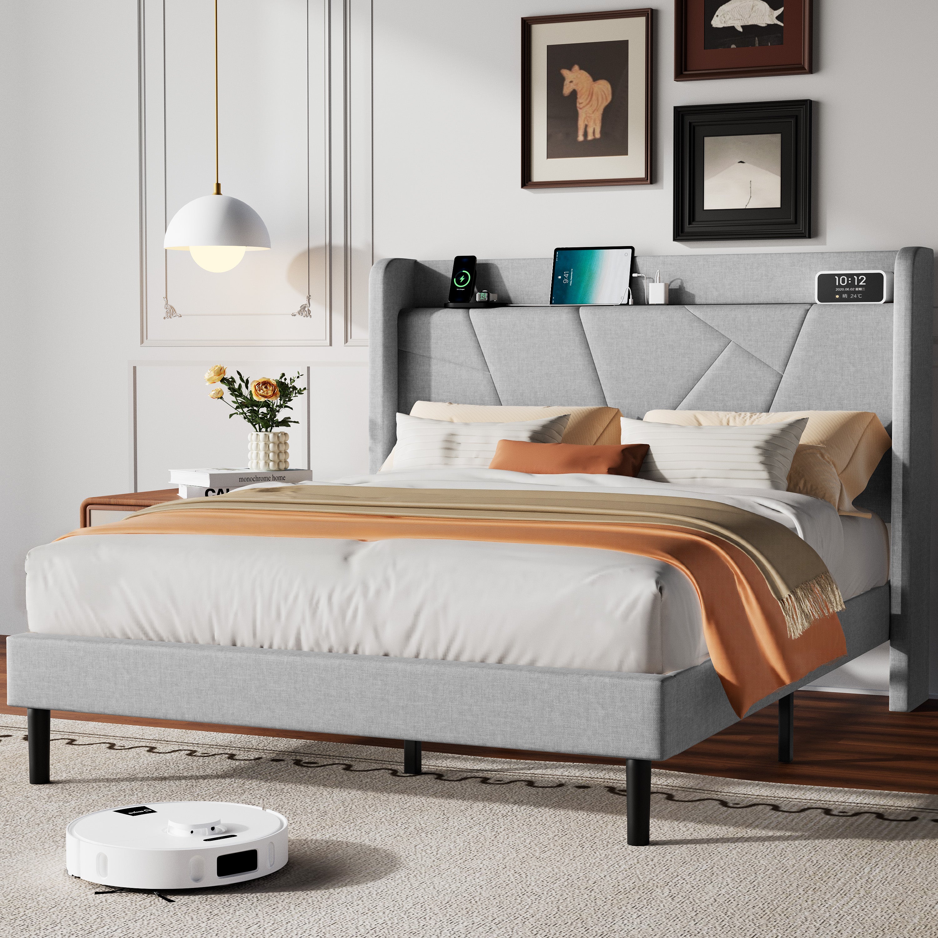Frostbloom Platform Bed Frame with USB & Type-C Chargers