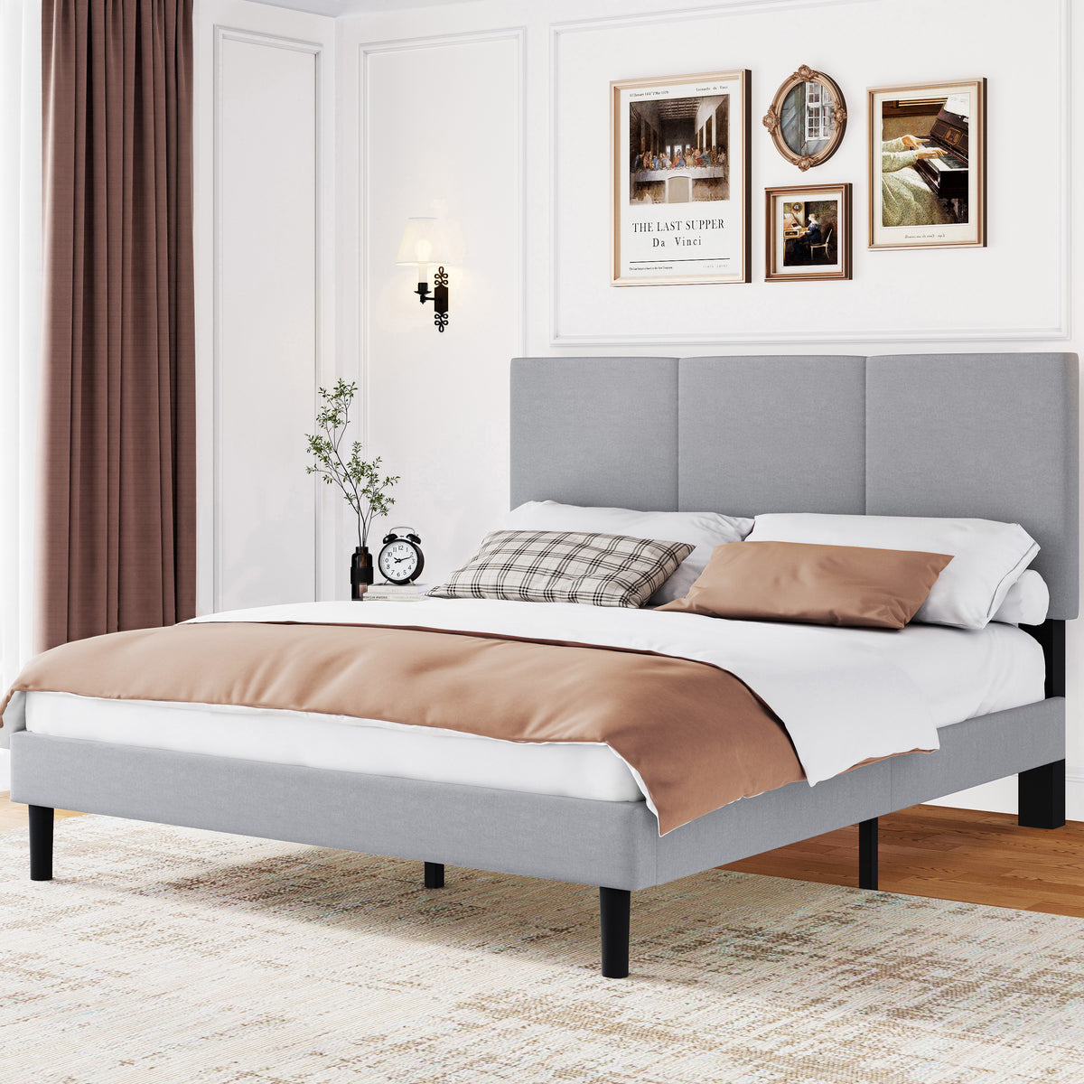 Frostbloom Full Size Linen Fabric Upholstered Platform Bed Frame with Headboard, Metal Frame and Wood Slats, No Box Spring Needed, Light Gray