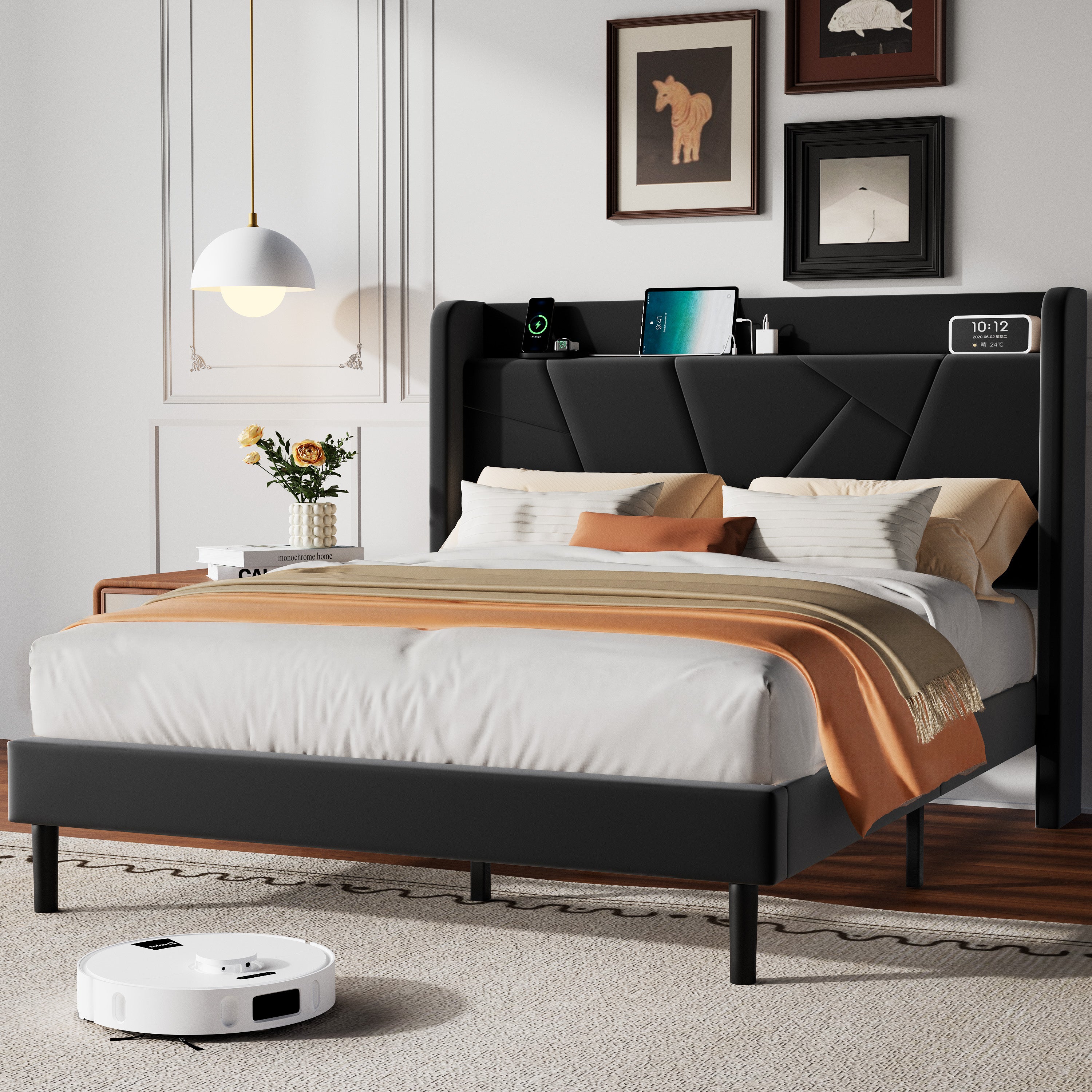 Frostbloom Platform Bed Frame with USB & Type-C Chargers