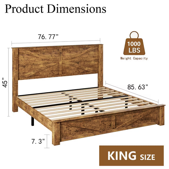 Frostbloom King Platform Bed Frame with Wooden Headboard, Natural Wood Grain, Brown