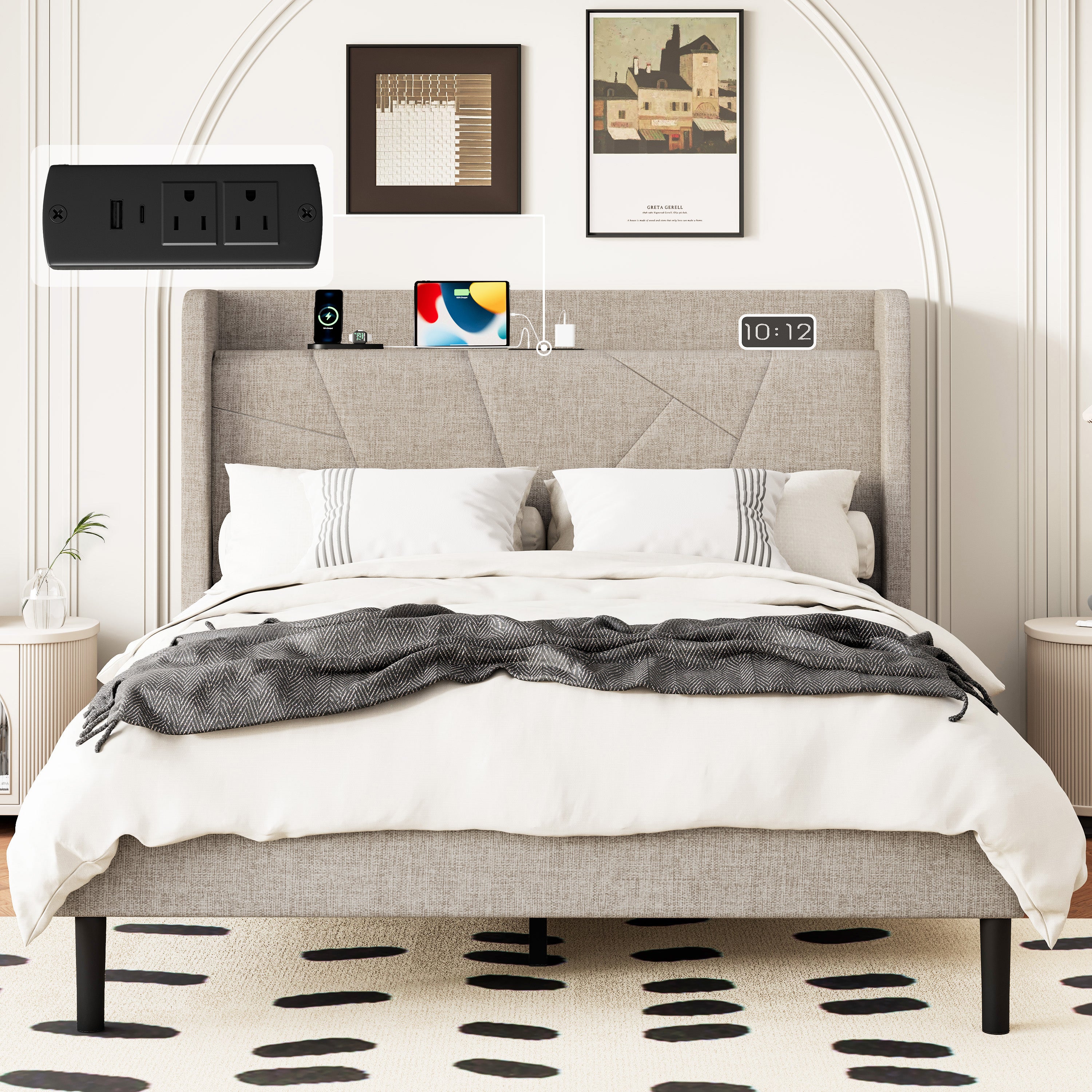 Frostbloom Platform Bed Frame with USB & Type-C Chargers