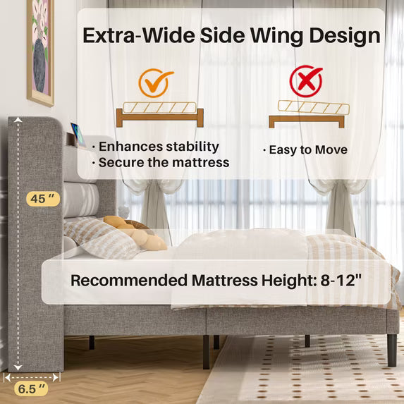 Frostbloom Full size Bed Frame with USB & Type-C Charging Station and Linen Fabric Wingback Headboard, Biege
