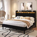 Frostbloom King Size Corduroy Bed Frame with LED Lights, Charging Station & Wingback Headboard, Black