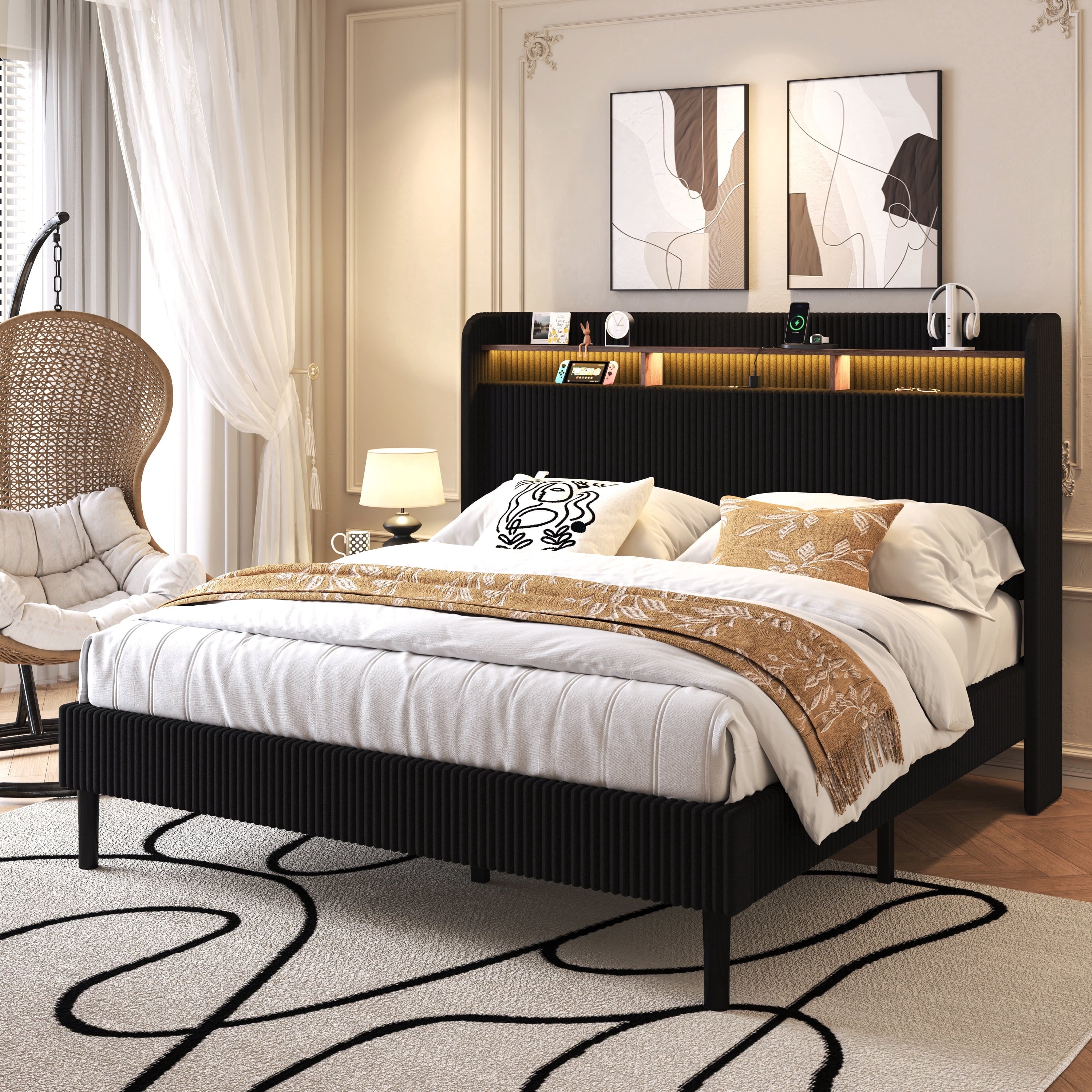 Frostbloom King Size Corduroy Bed Frame with LED Lights, Charging Station & Wingback Headboard, Black