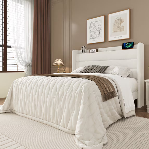 Frostbloom Queen Bed Frame with USB & Type-C Charging Station and Velvet Wingback Headboard, White