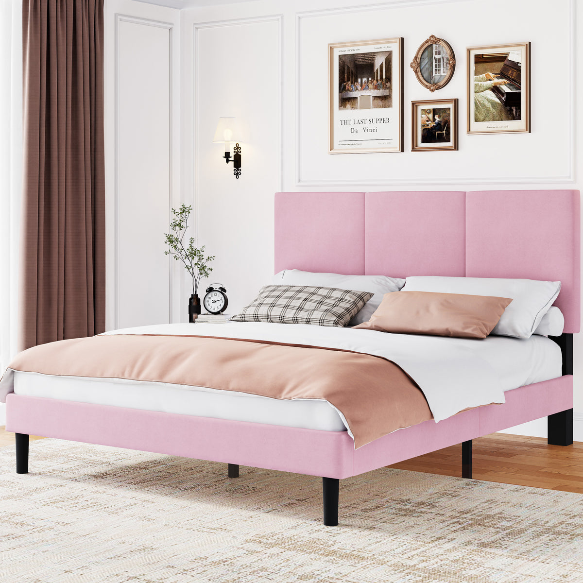 Frostbloom Full Size Velvet Upholstered Platform Bed Frame with Headboard, Metal Frame and Wood Slats, No Box Spring Needed, Pink