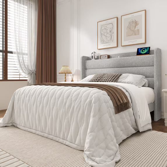 Frostbloom Queen Bed Frame with USB & Type-C Charging Station and Linen Fabric Wingback Headboard, Light Gray