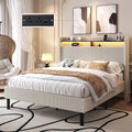 Frostbloom Queen Size Corduroy Bed Frame with LED Lights, Charging Station & Wingback Headboard, Cream White