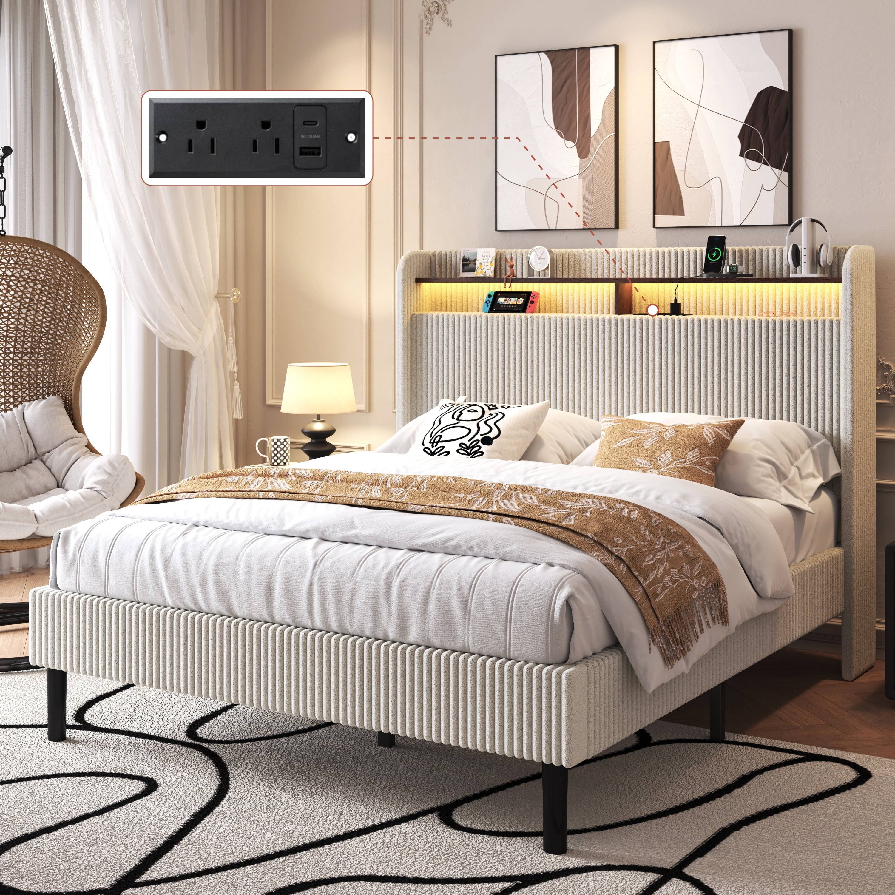 Frostbloom Full Size Corduroy Bed Frame with LED Lights, Charging Station & Wingback Headboard, Cream White