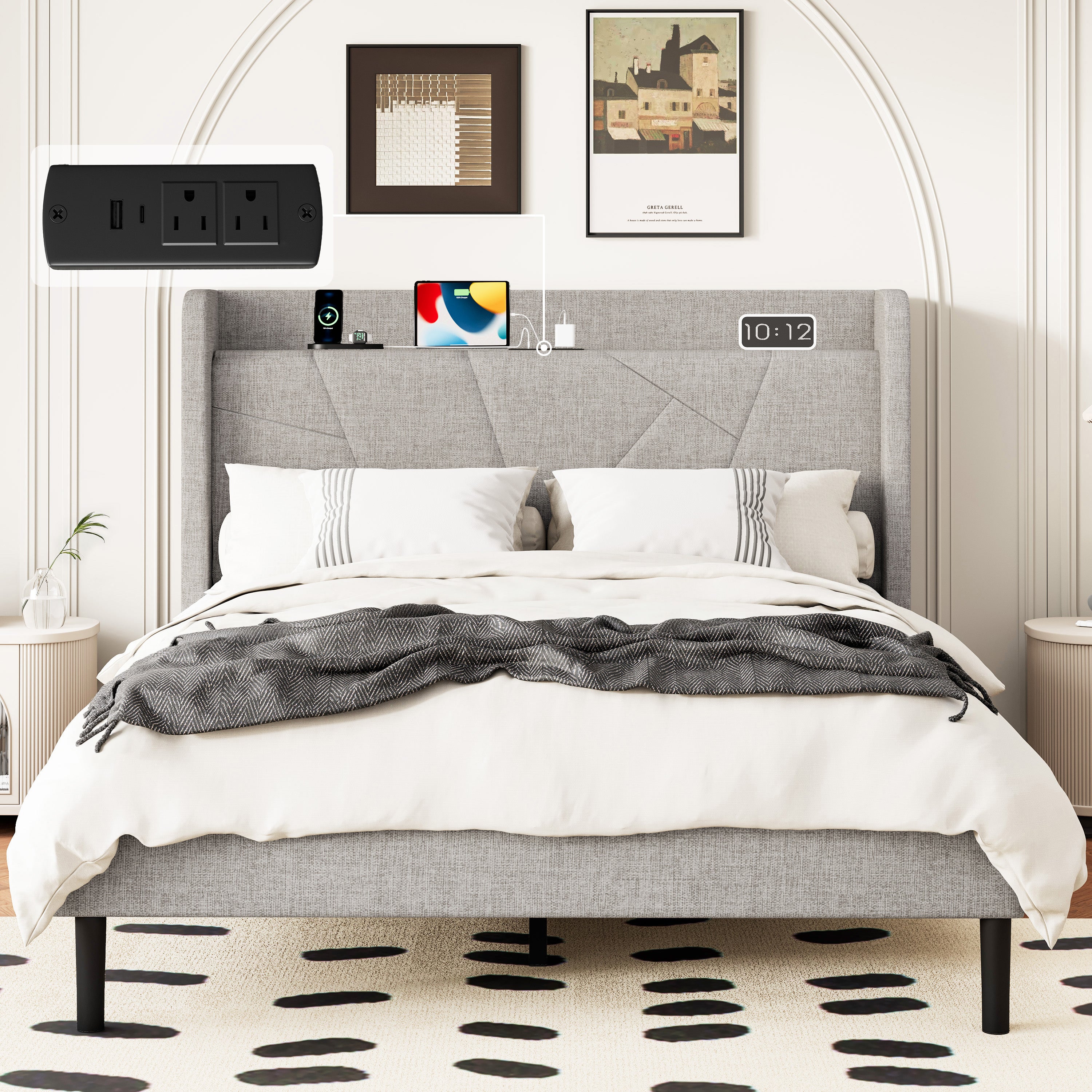 Frostbloom Platform Bed Frame with USB & Type-C Chargers