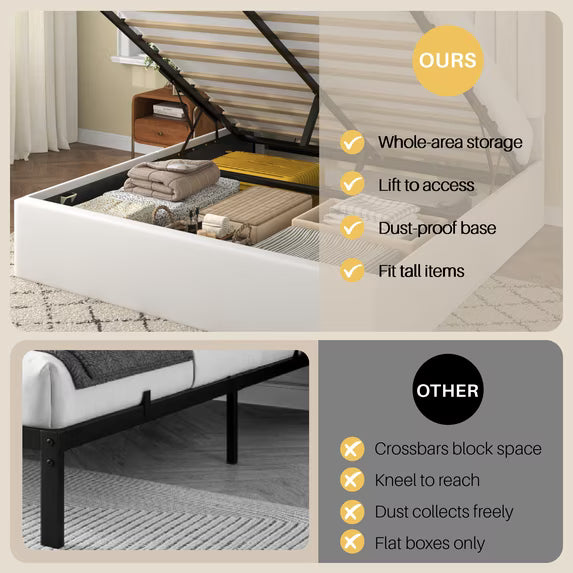 Frostbloom Queen Size Lift-Up Storage Platform Bed with Vertical-Stripe Velvet Upholstered Headboard, Off-White