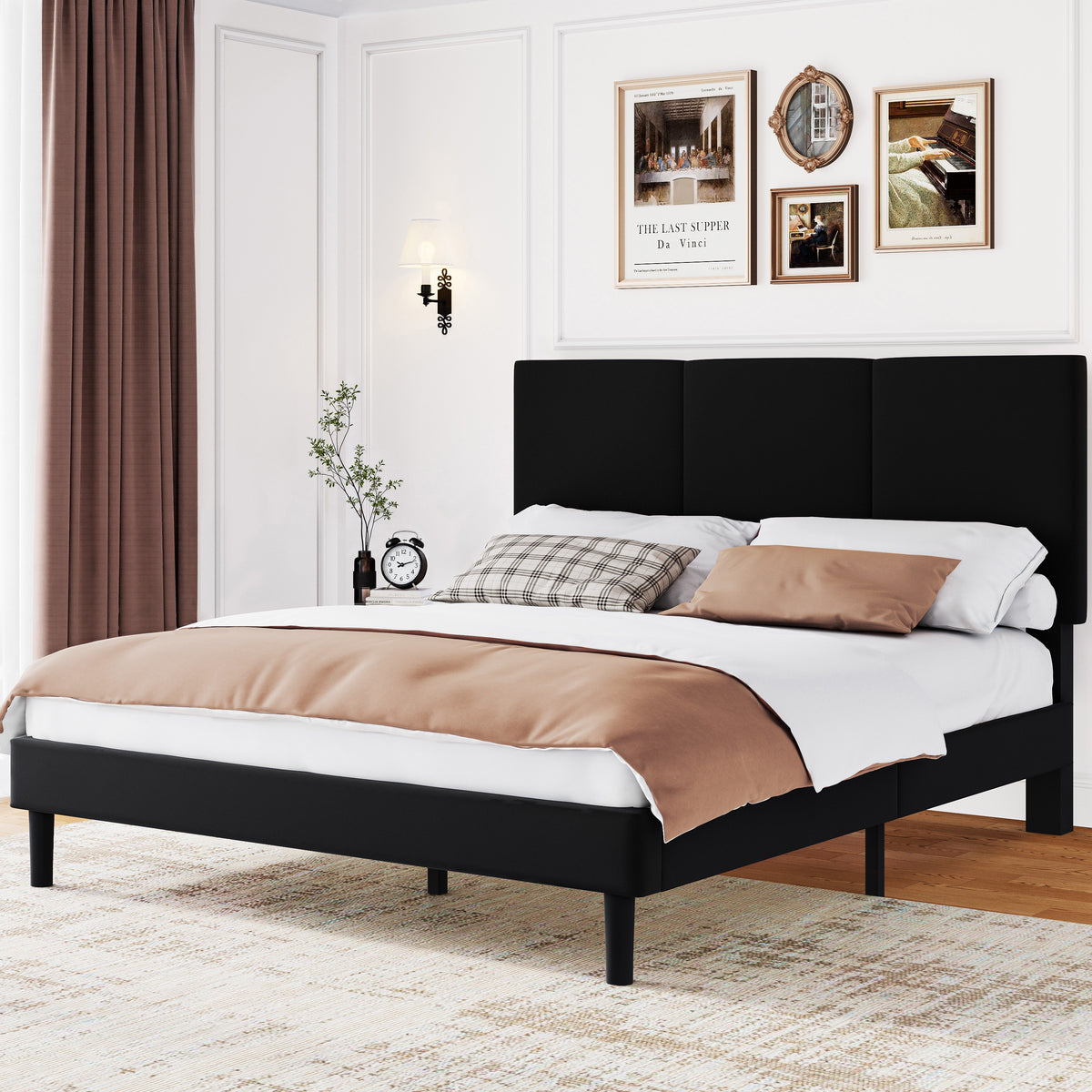 Frostbloom Full Size Velvet Upholstered Platform Bed Frame with Headboard, Metal Frame and Wood Slats, No Box Spring Needed, Black