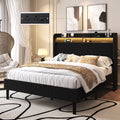 Frostbloom Full Size Corduroy Bed Frame with LED Lights, Charging Station & Wingback Headboard, Black