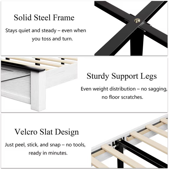 Frostbloom Full Platform Bed Frame with Wooden Headboard, Natural Wood Grain, White