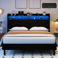 Frostbloom  Upholstered Platform Bed with Geometric Wingback Headboard, LED Light, Storage Shelves & Built-in Charging Station
