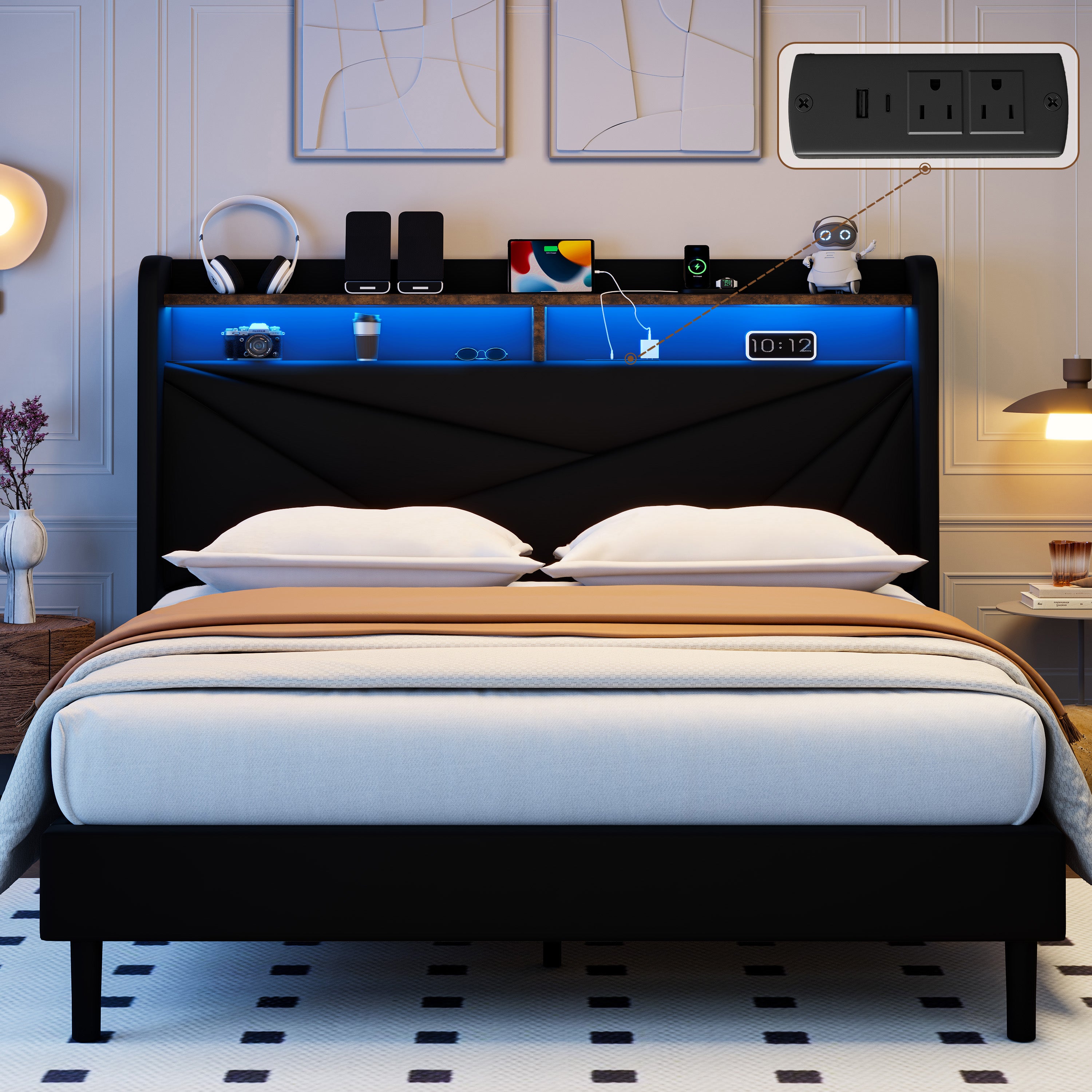 Frostbloom  Upholstered Platform Bed with Geometric Wingback Headboard, LED Light, Storage Shelves & Built-in Charging Station