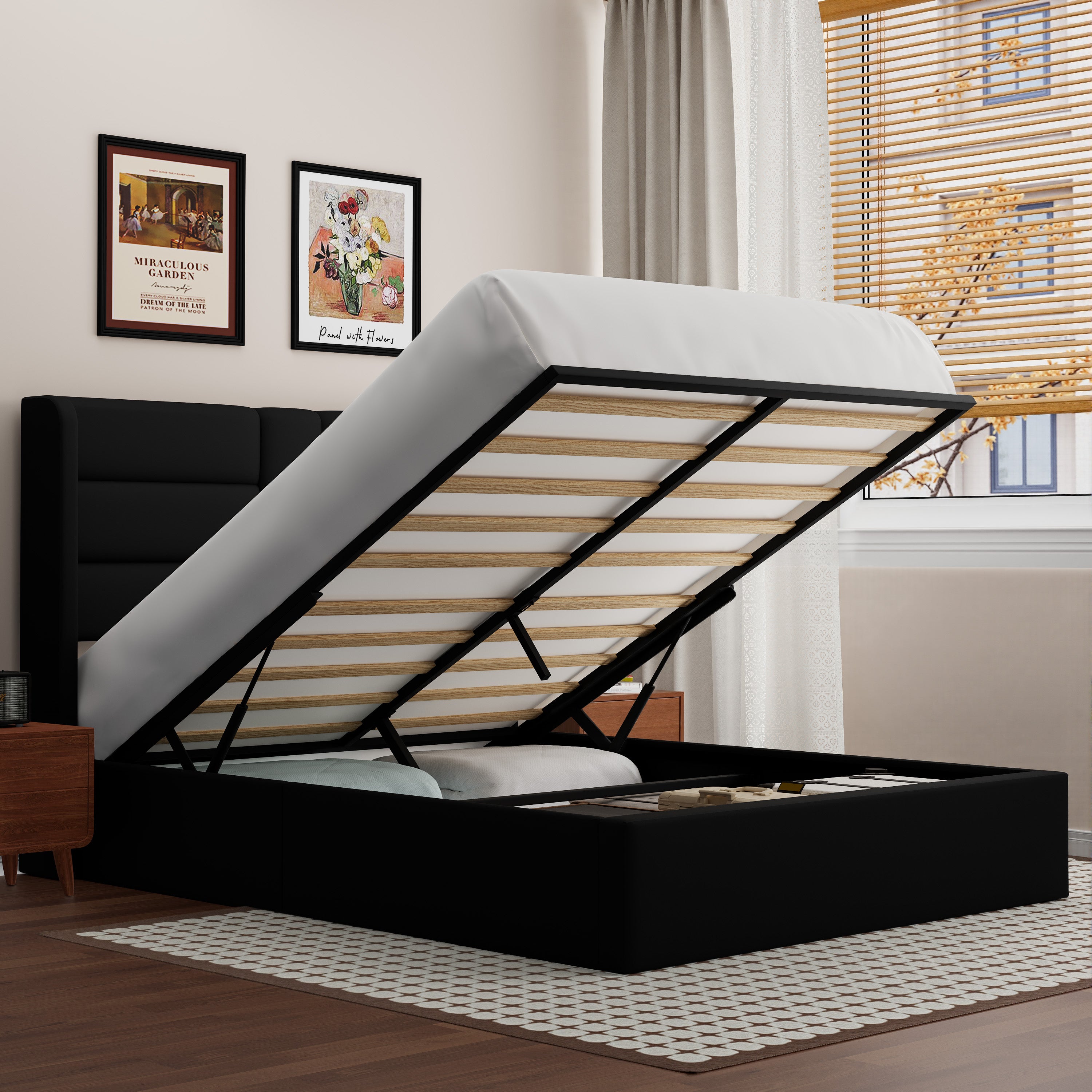 Frostbloom Lift Up Bed Frame with Large Storage, Modern Velvet Upholstered Wingback Headboard Platform Bed