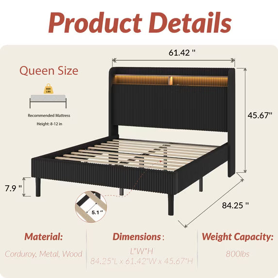 Frostbloom Queen Size Corduroy Bed Frame with LED Lights, Charging Station & Wingback Headboard, Black