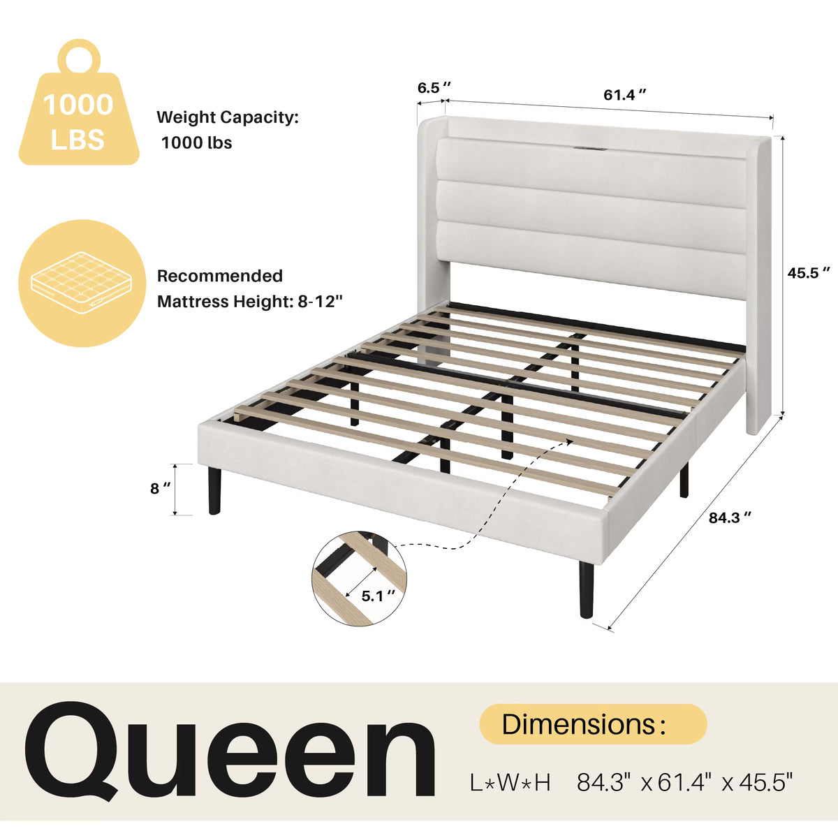 Frostbloom Queen Bed Frame with USB & Type-C Charging Station and Velvet Wingback Headboard, White