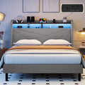 Frostbloom Full Size Linen Upholstered Platform Bed with Geometric Wingback Headboard, LED Light, Storage Shelves & Built-in Charging Station, Gray