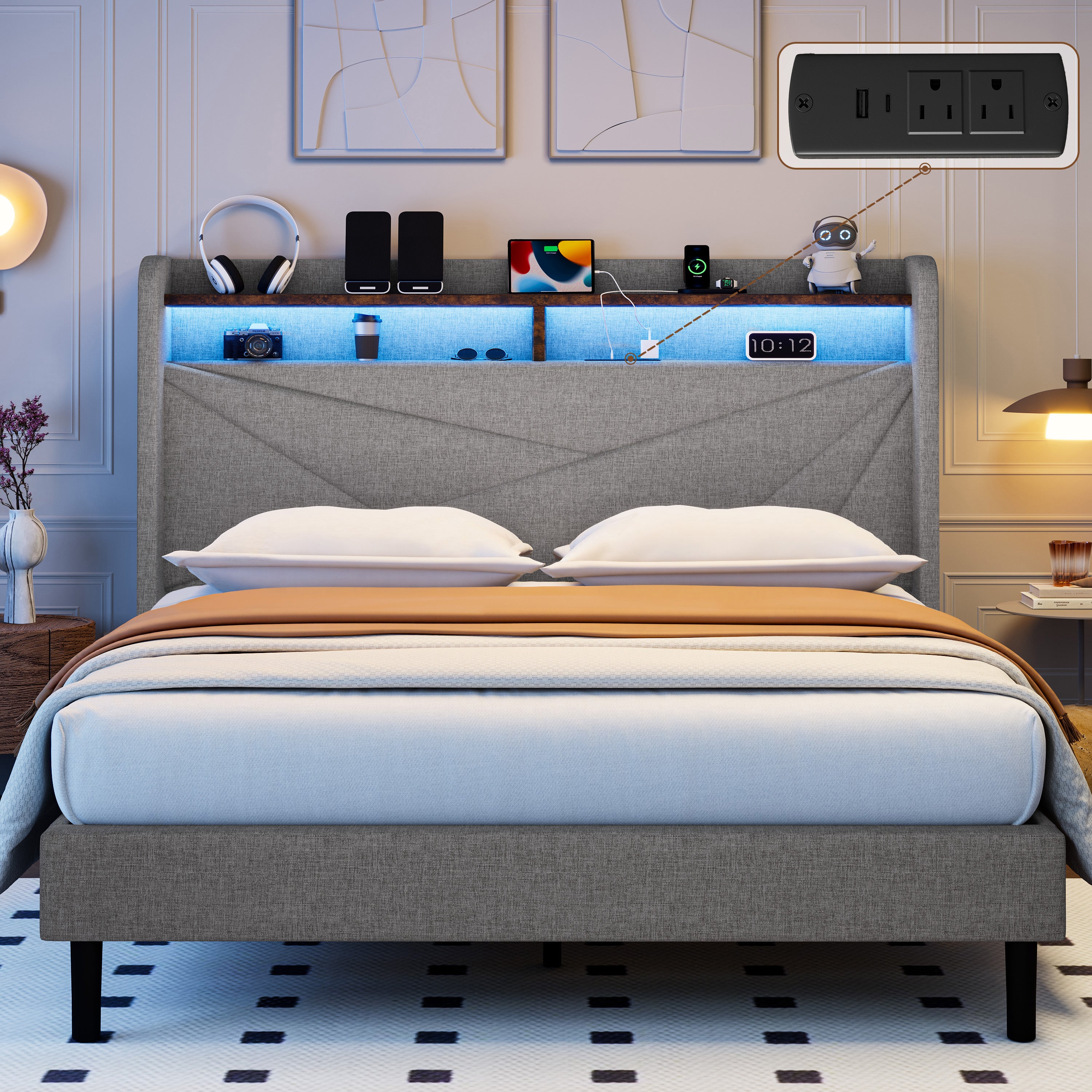 Frostbloom  Upholstered Platform Bed with Geometric Wingback Headboard, LED Light, Storage Shelves & Built-in Charging Station