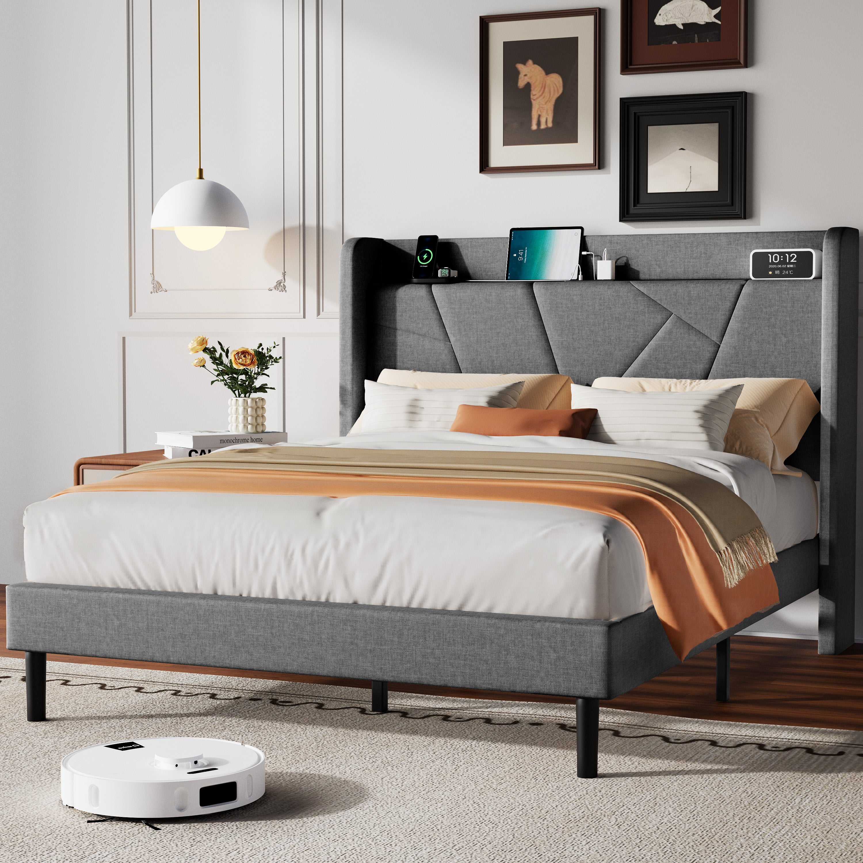 Frostbloom Platform Bed Frame with USB & Type-C Chargers