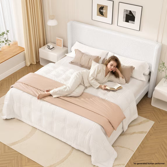 Frostbloom King Size Boucle Upholstered Platform Bed Frame with Wingback Headboard, White