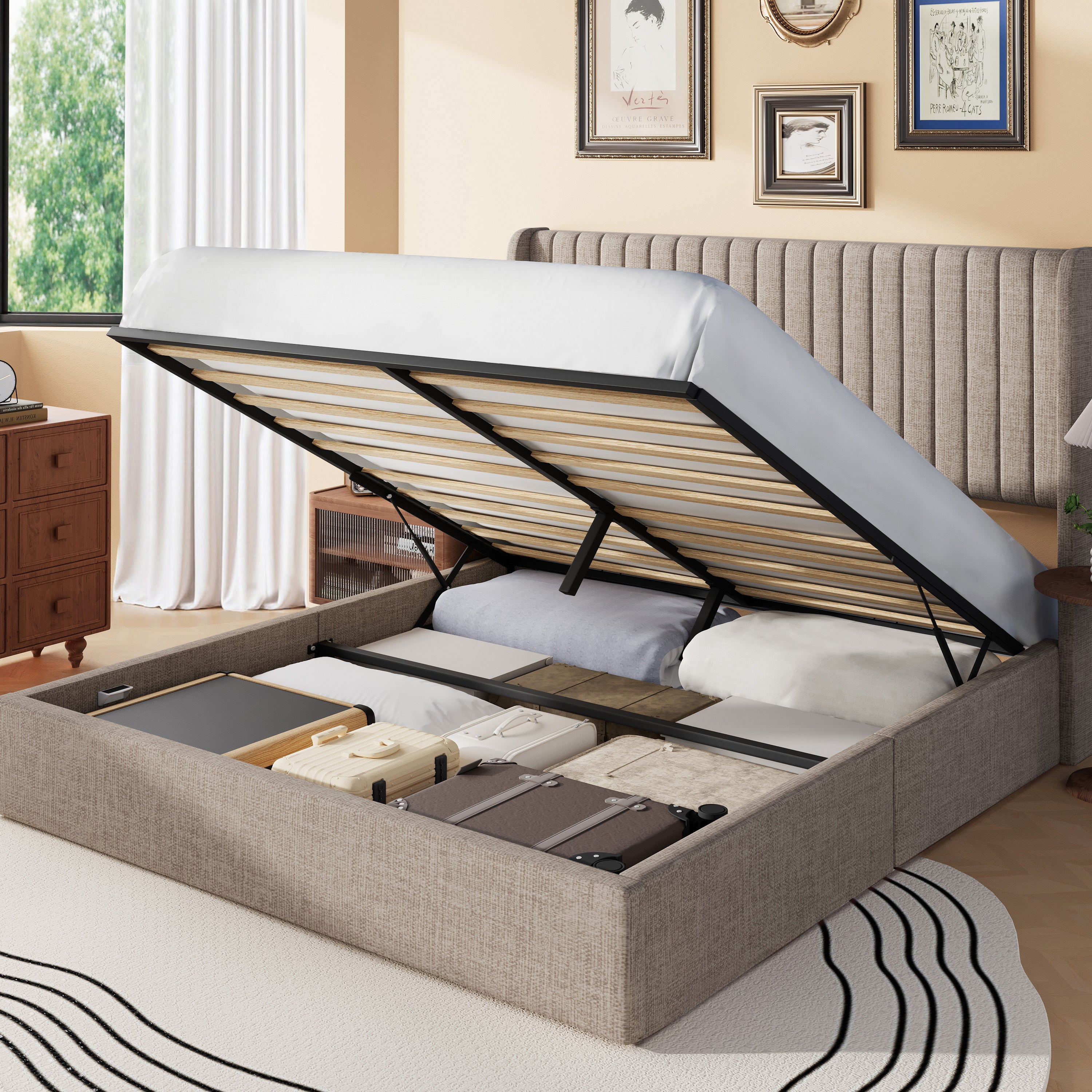 Frostbloom Lift Up Storage Bed with Wingback Headboard
