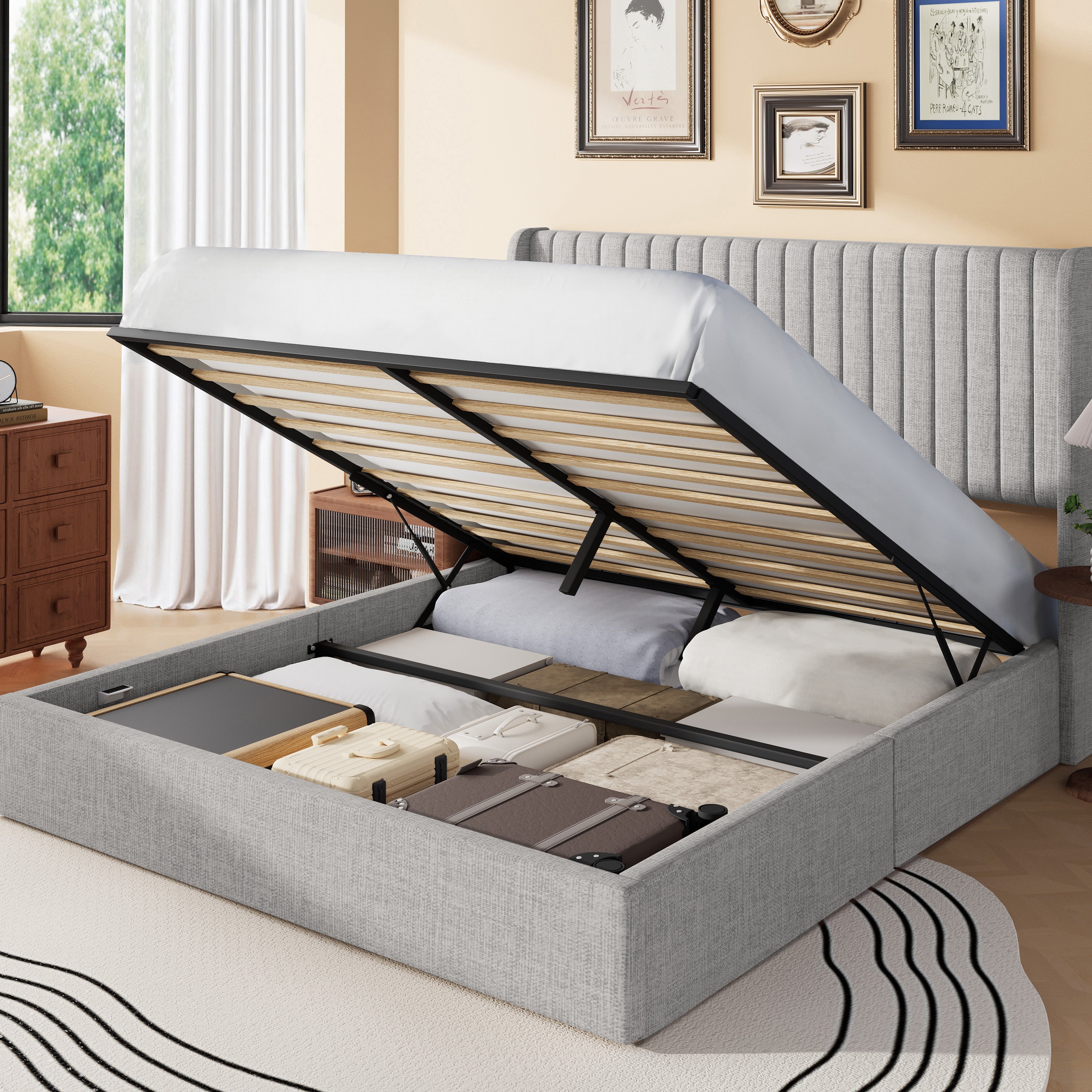 Frostbloom Lift Up Storage Bed with Wingback Headboard