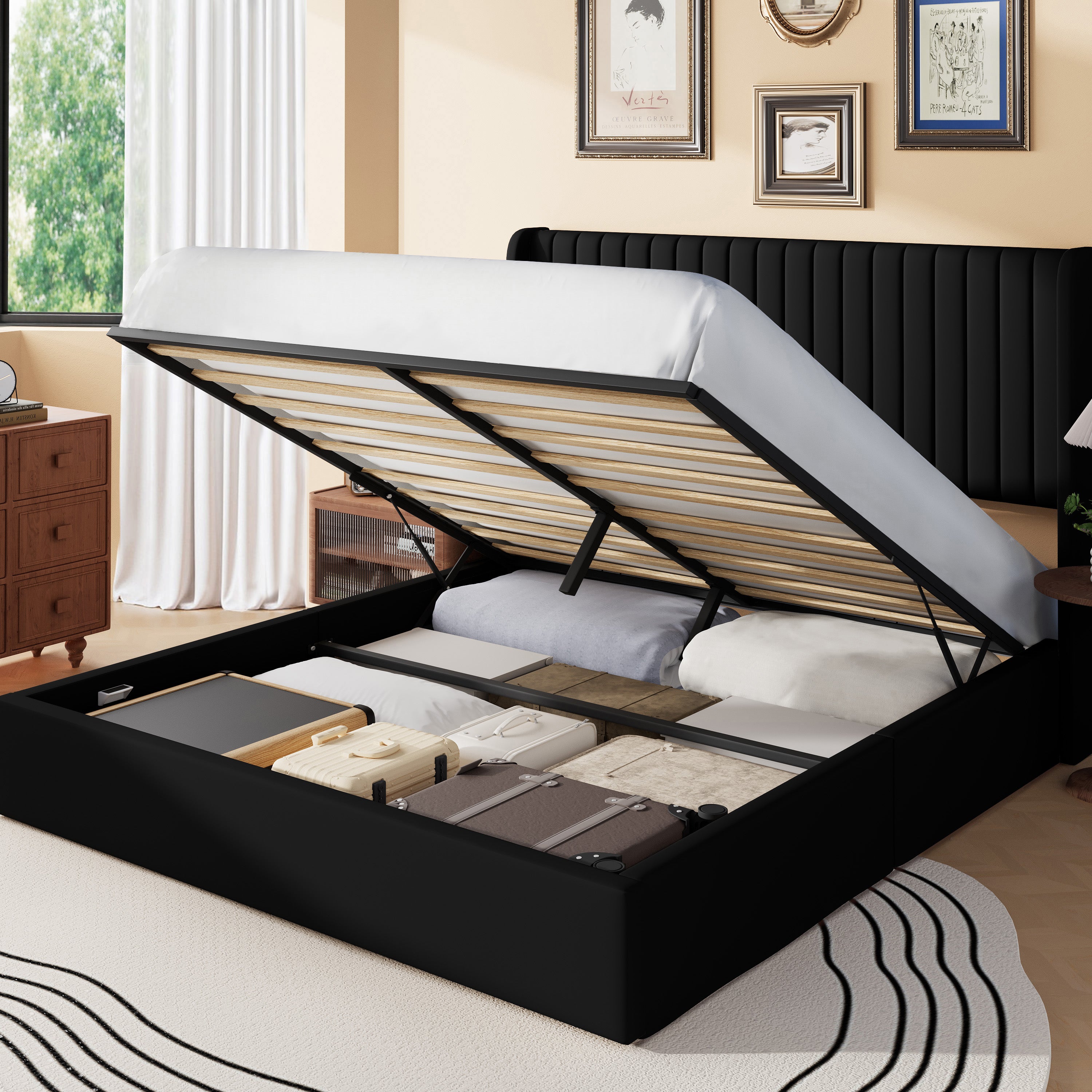 Frostbloom Lift Up Storage Bed with Wingback Headboard