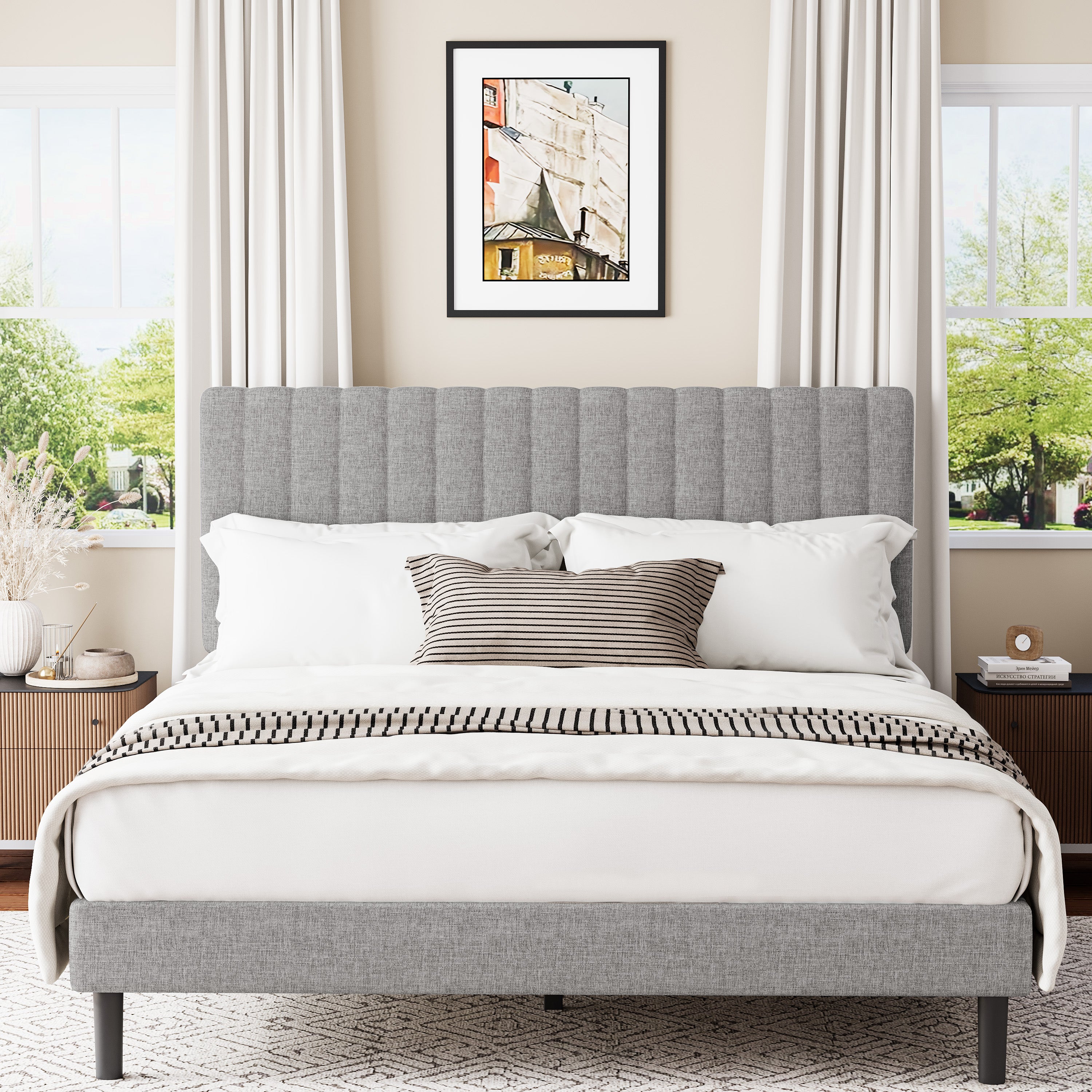 Frostbloom Platform Bed Frame with Upholstered Headboard