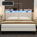 Frostbloom King Size Bed Frame with 2-Tier Storage Shelf, Charging Station & Velvet Wingback Headboard, Off-White