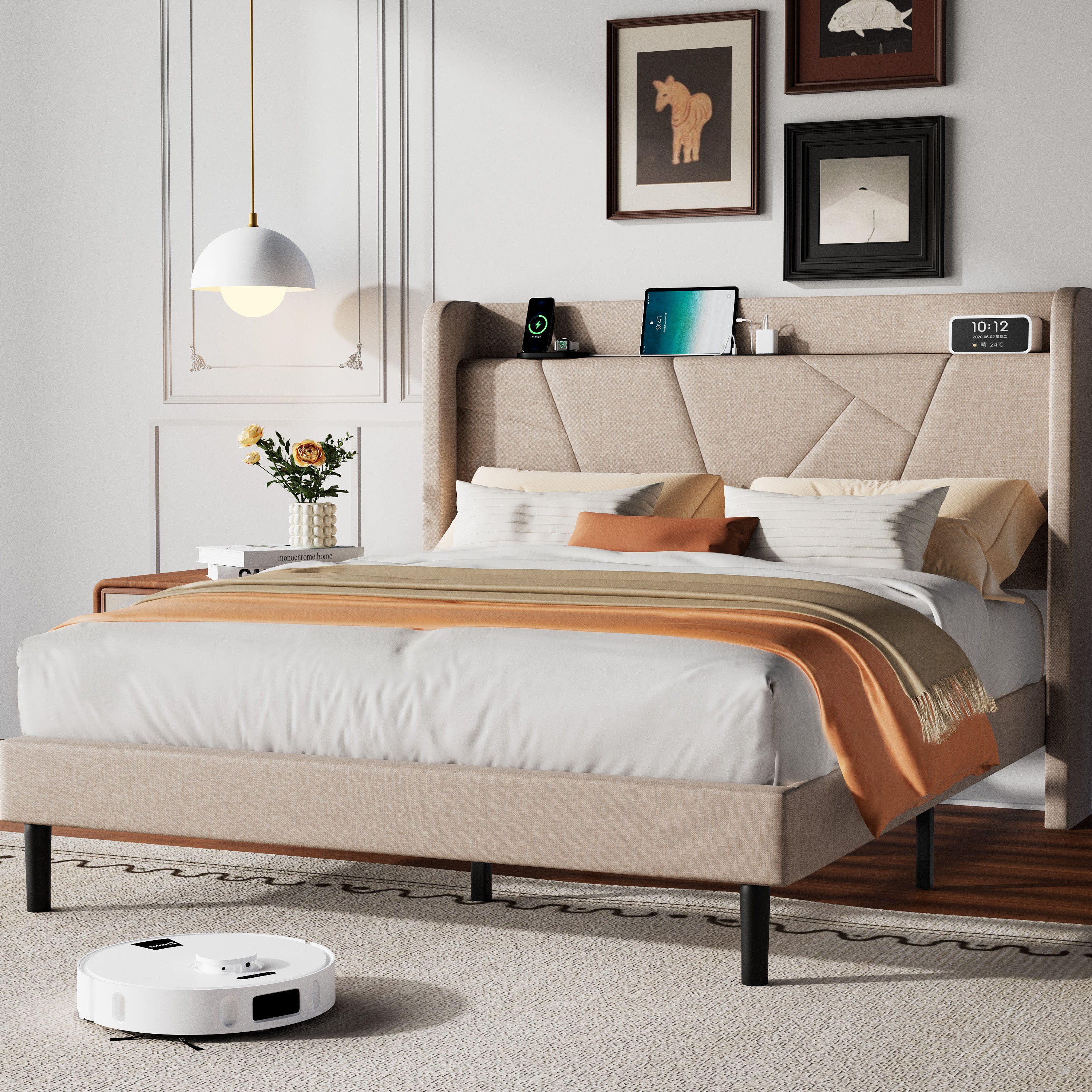 Frostbloom Platform Bed Frame with USB & Type-C Chargers