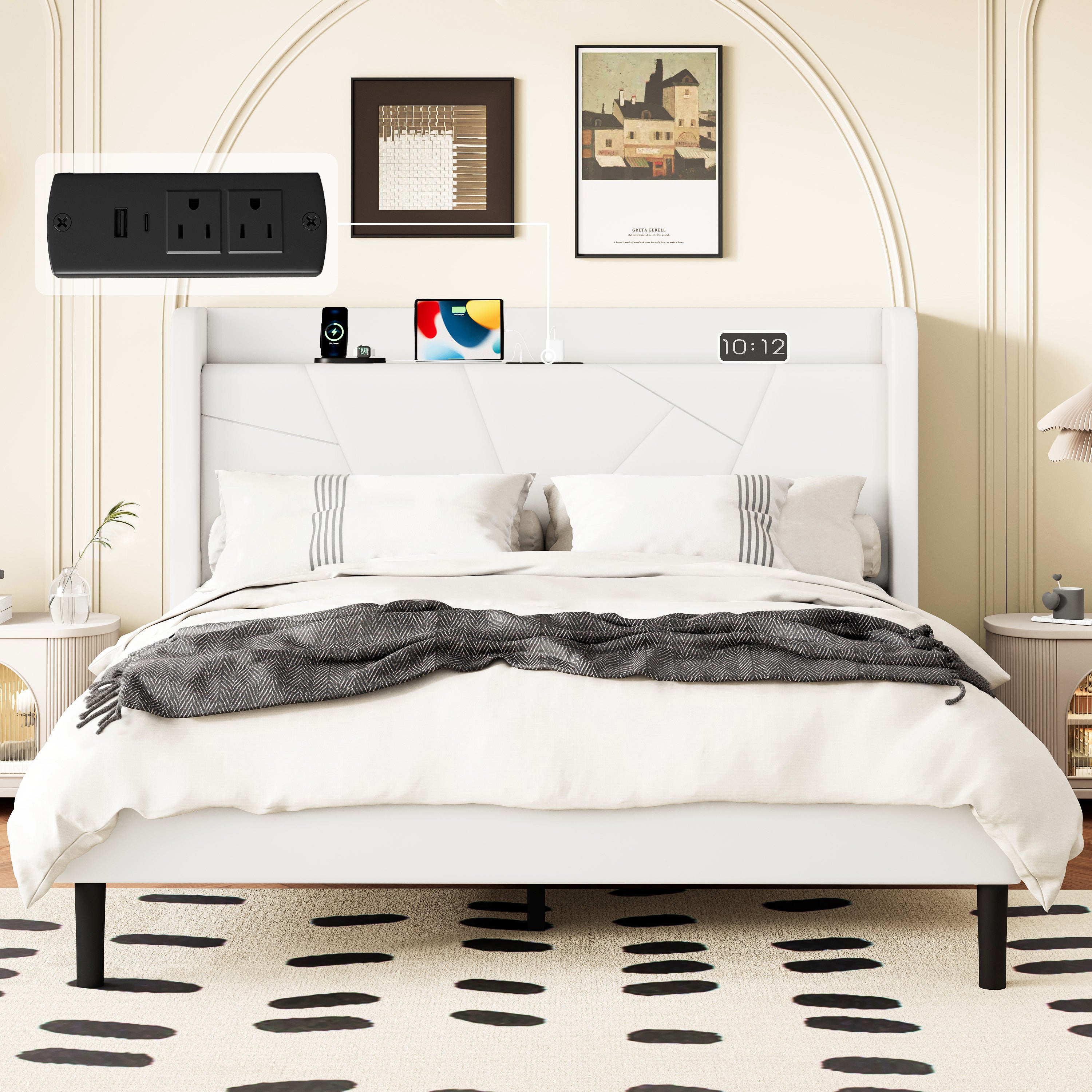 Frostbloom Platform Bed Frame with USB & Type-C Chargers