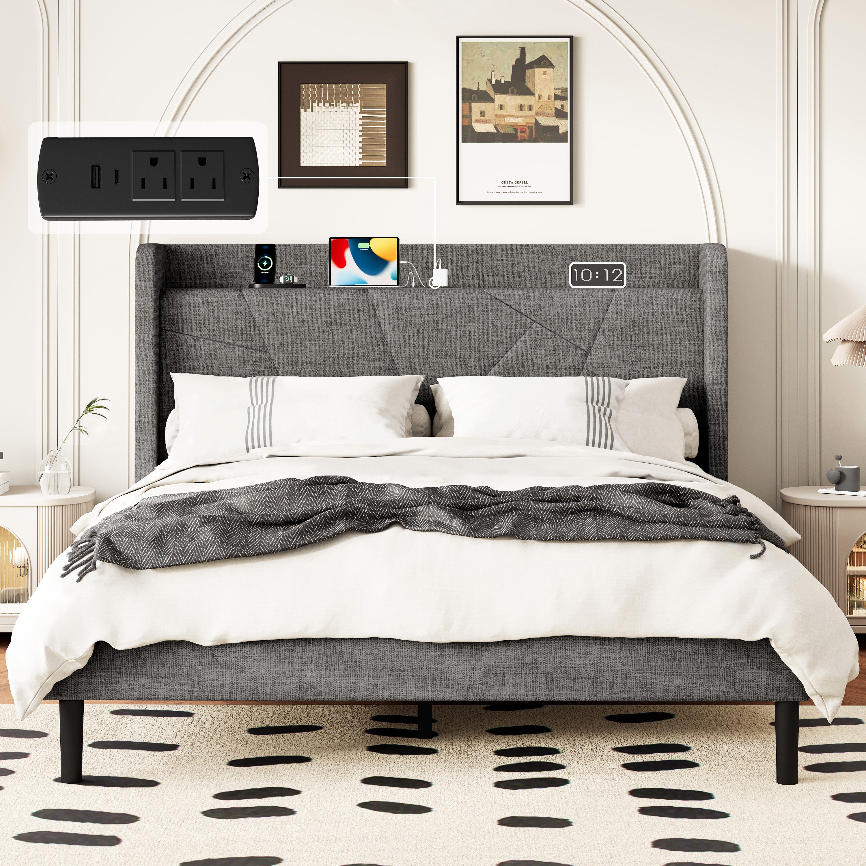Frostbloom Platform Bed Frame with USB & Type-C Chargers