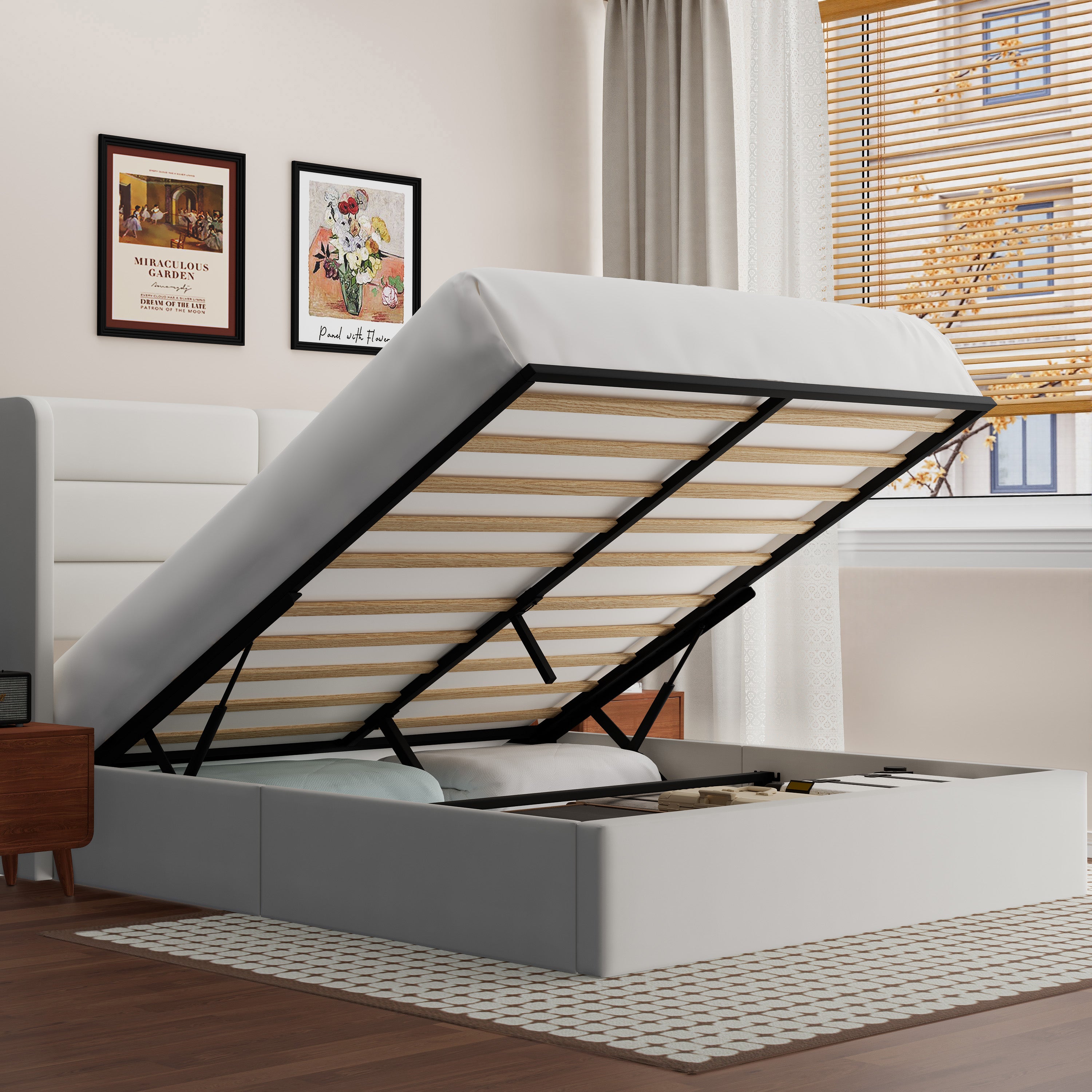 Frostbloom Lift Up Bed Frame with Large Storage, Modern Velvet Upholstered Wingback Headboard Platform Bed