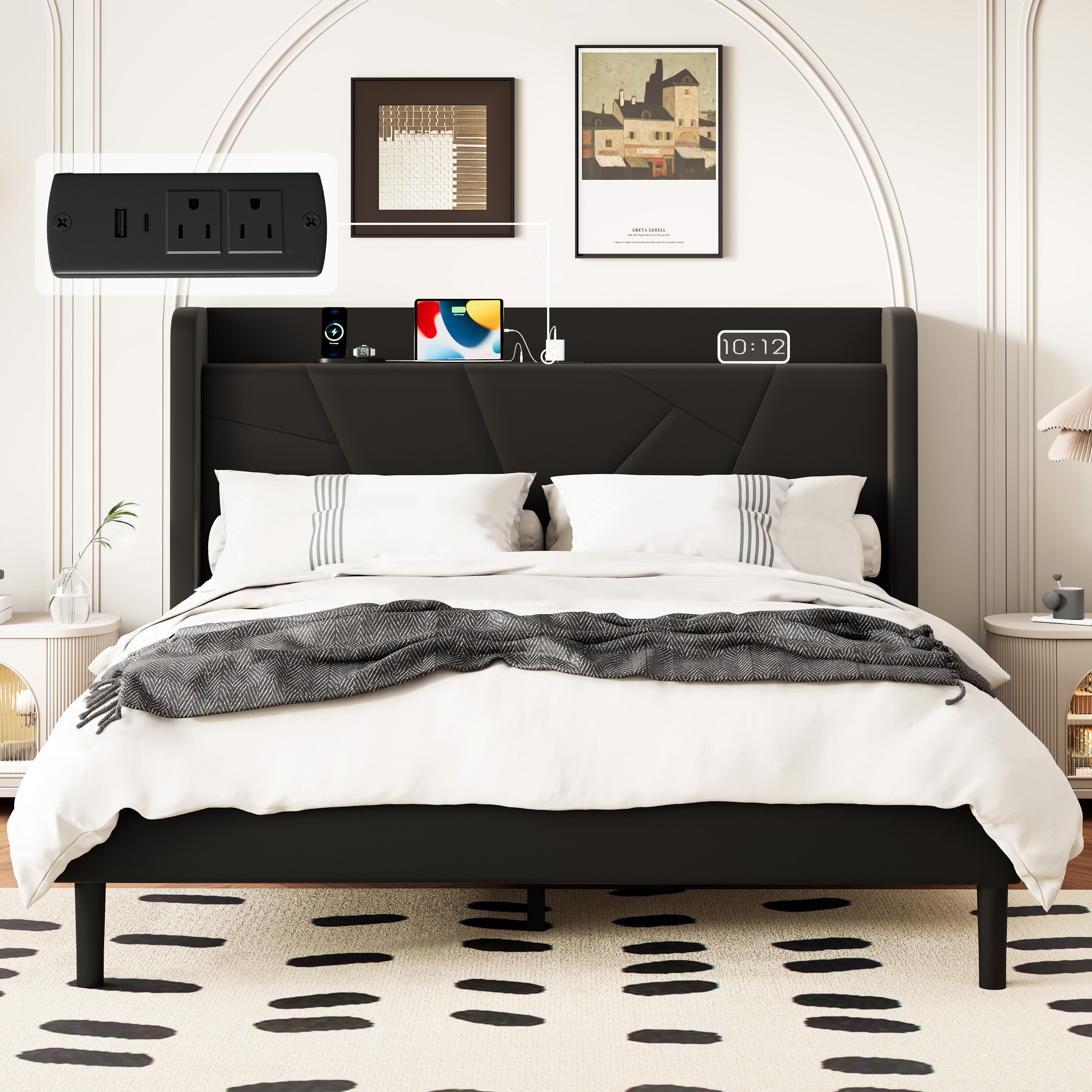 Frostbloom Platform Bed Frame with USB & Type-C Chargers