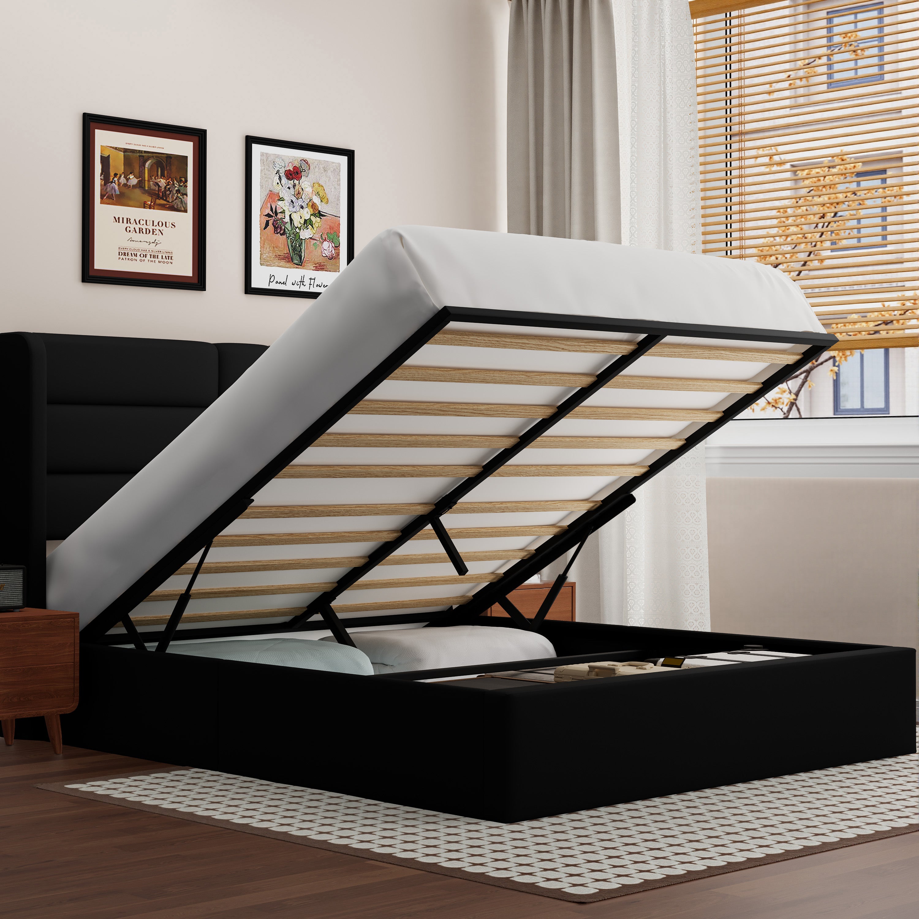 Frostbloom Lift Up Bed Frame with Large Storage, Modern Velvet Upholstered Wingback Headboard Platform Bed