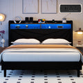 Frostbloom King Size Velvet Upholstered Platform Bed with Geometric Wingback Headboard, LED Light, Storage Shelves & Built-in Charging Station, Black