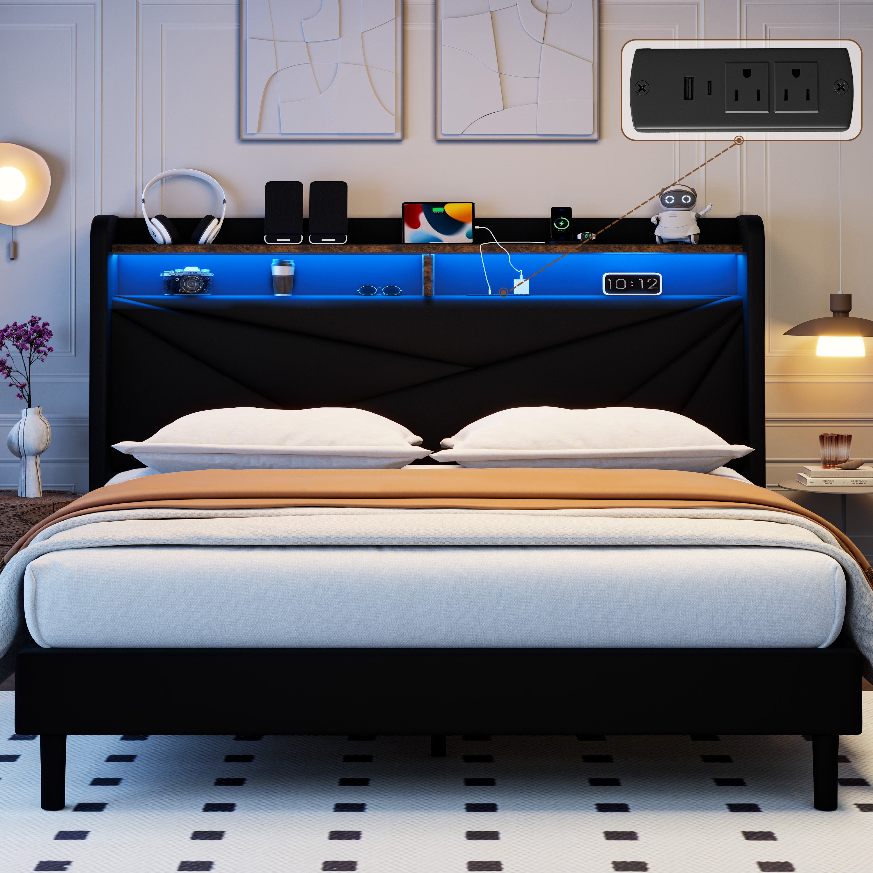 Frostbloom  Upholstered Platform Bed with Geometric Wingback Headboard, LED Light, Storage Shelves & Built-in Charging Station
