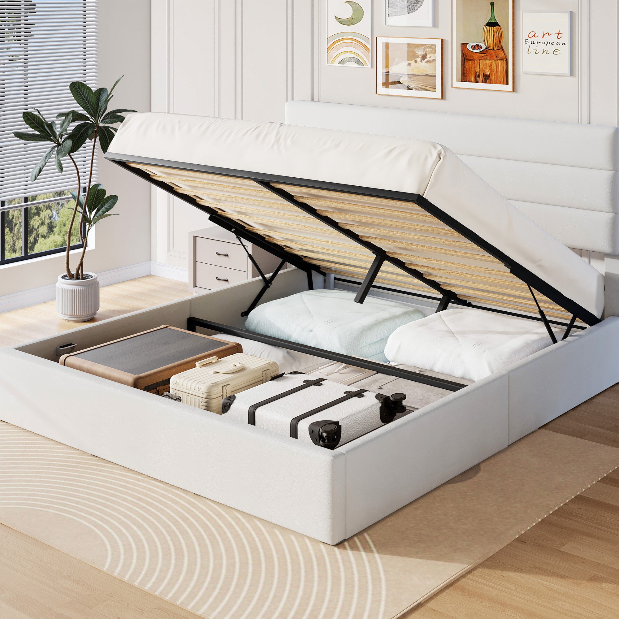 Frostbloom Modern  Upholstered Bed with 3-Panel Wingless Headboard, Lift Up Storage Frame, No Box Spring Needed