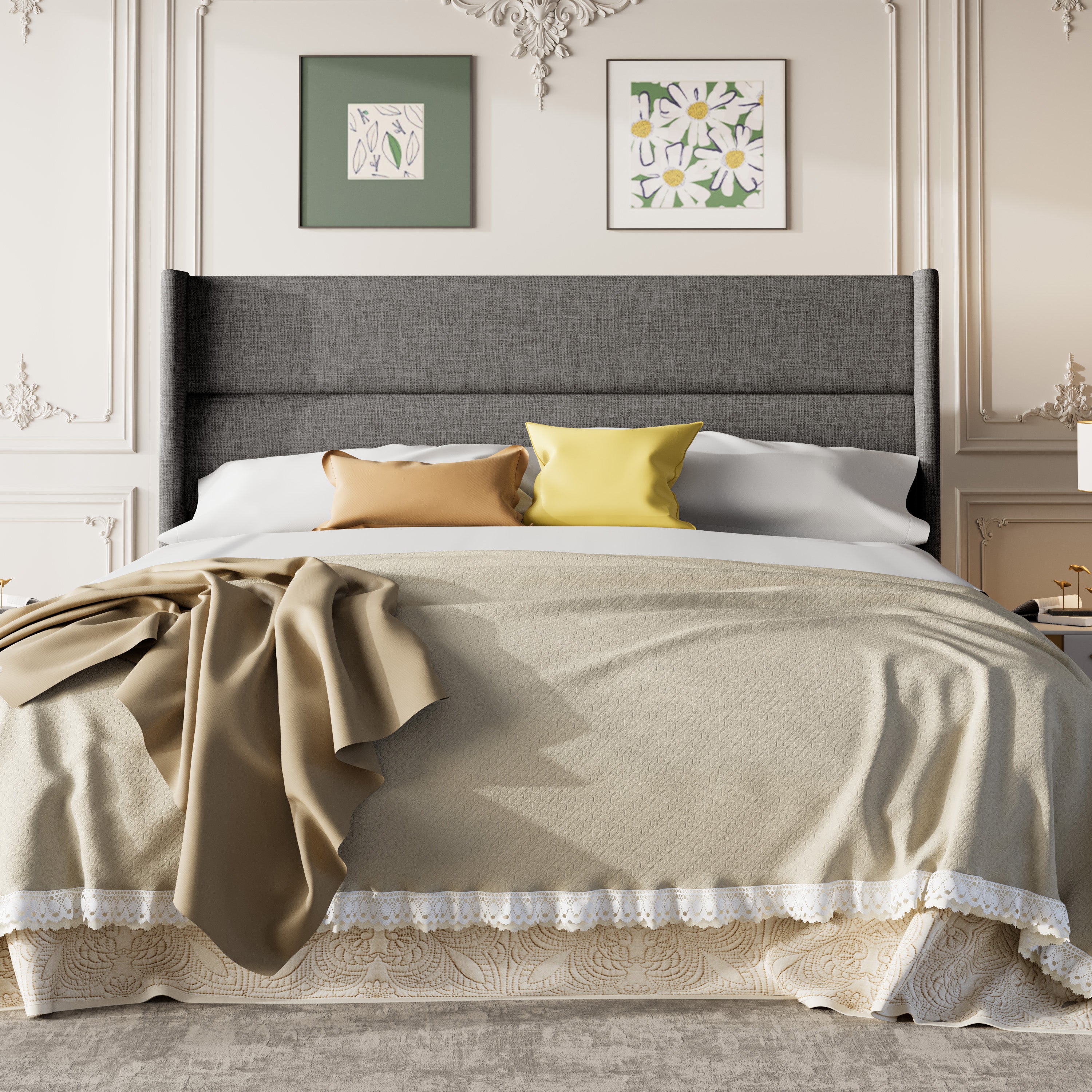 Frostbloom Platform Bed Frame, Linen Upholstered Wingback Headboard
