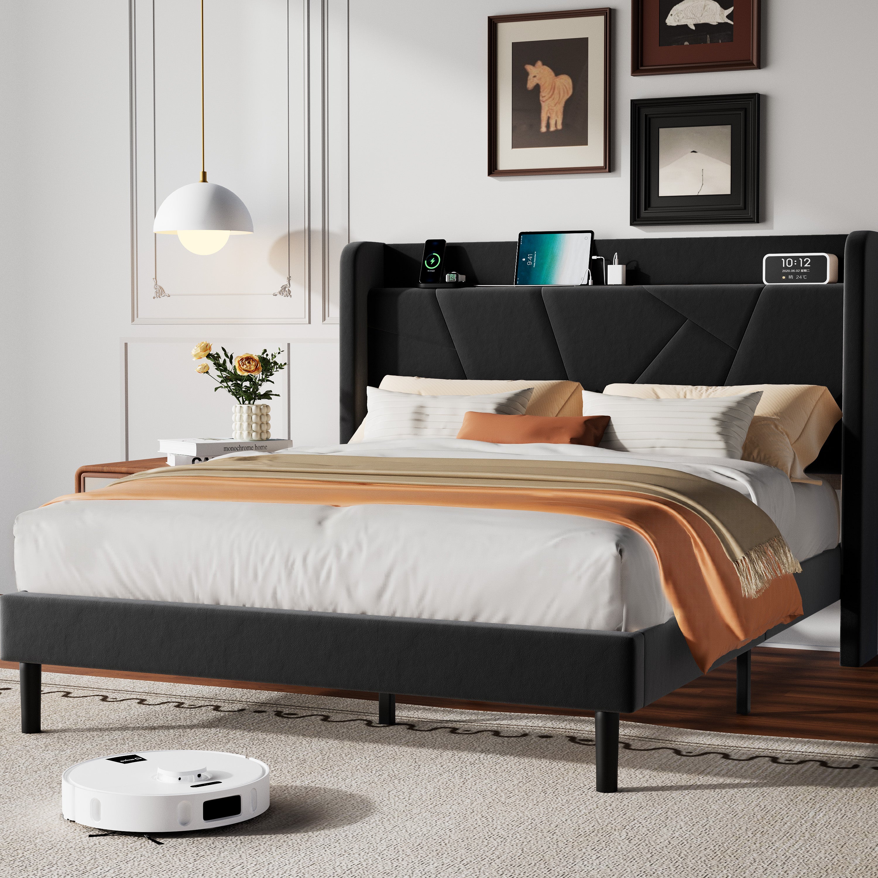 Frostbloom Platform Bed Frame with USB & Type-C Chargers