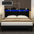 Frostbloom King Size Bed Frame with 2-Tier Storage Shelf, Charging Station & Velvet Wingback Headboard, Black