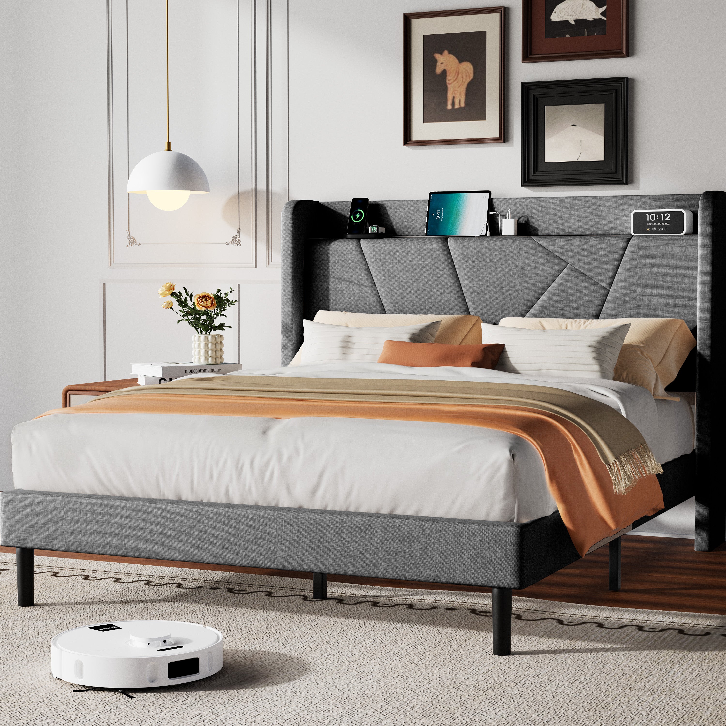 Frostbloom Platform Bed Frame with USB & Type-C Chargers