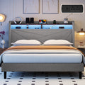 Frostbloom Queen Size Linen Upholstered Platform Bed with Geometric Wingback Headboard, LED Light, Storage Shelves & Built-in Charging Station, Gray