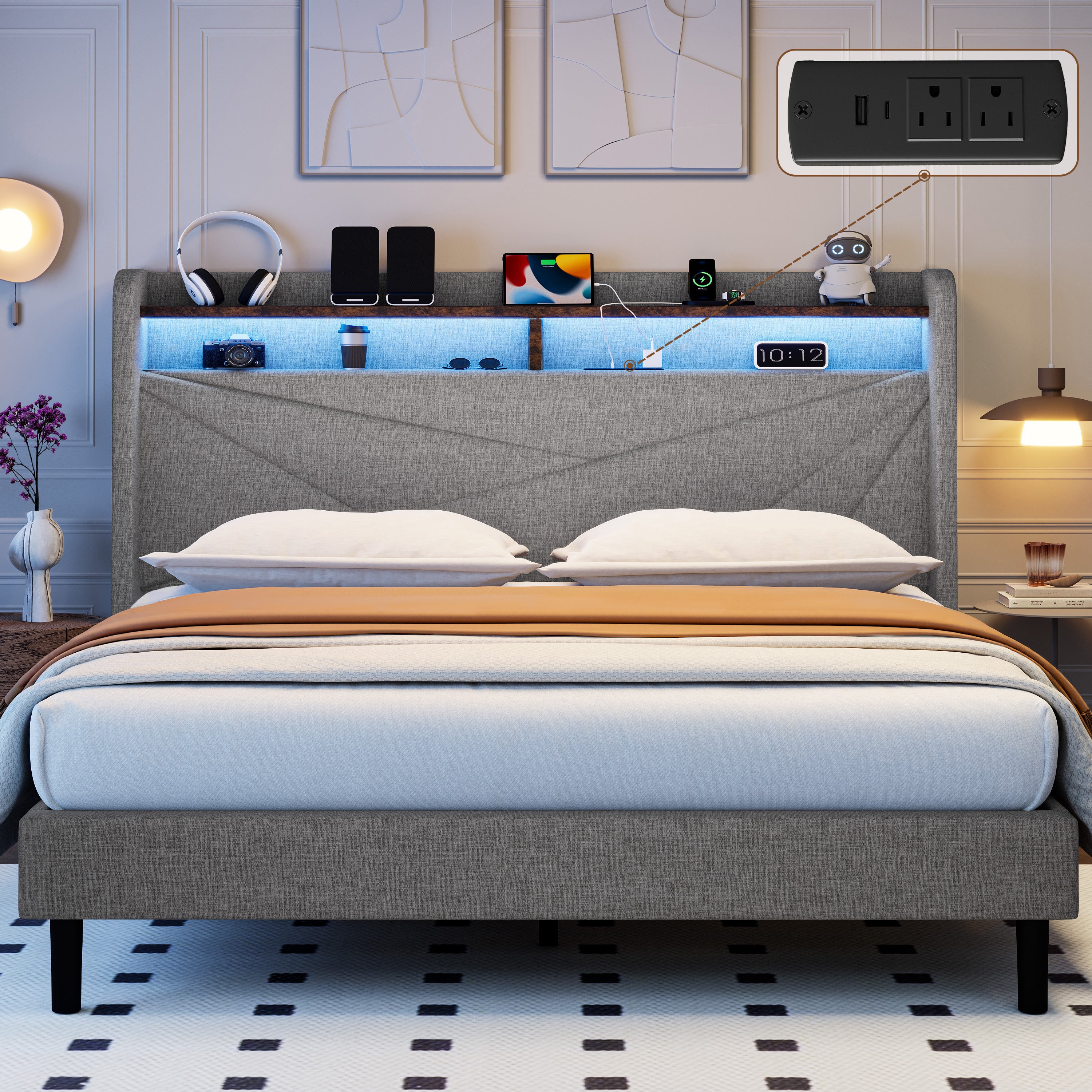 Frostbloom  Upholstered Platform Bed with Geometric Wingback Headboard, LED Light, Storage Shelves & Built-in Charging Station