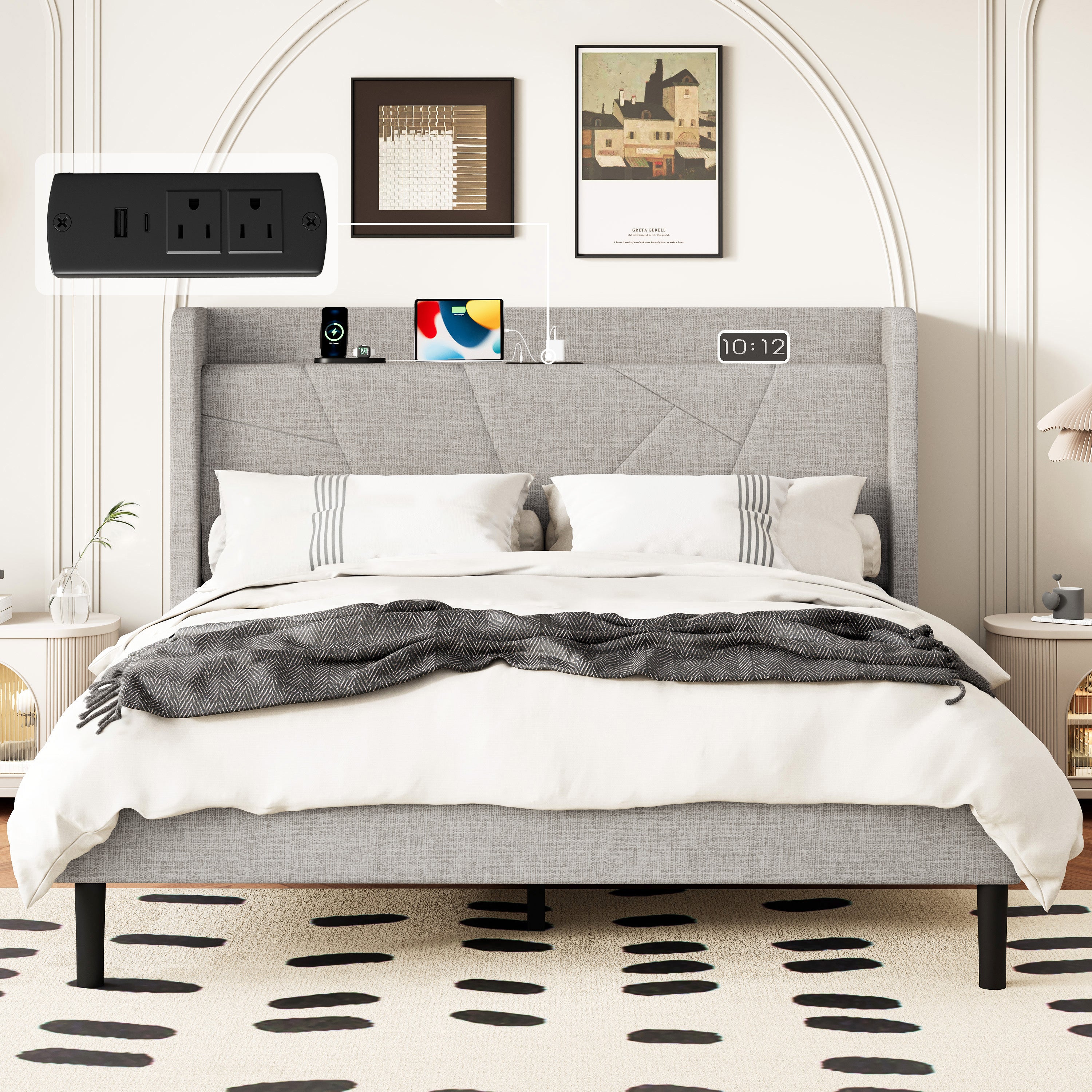 Frostbloom Platform Bed Frame with USB & Type-C Chargers