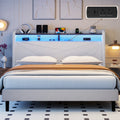 Frostbloom King Size Velvet Upholstered Platform Bed with Geometric Wingback Headboard, LED Light, Storage Shelves & Built-in Charging Station, Off-White